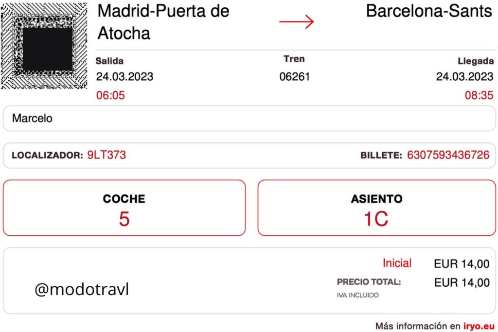 Ticket del tren Iryo de Madrid a Barcelona