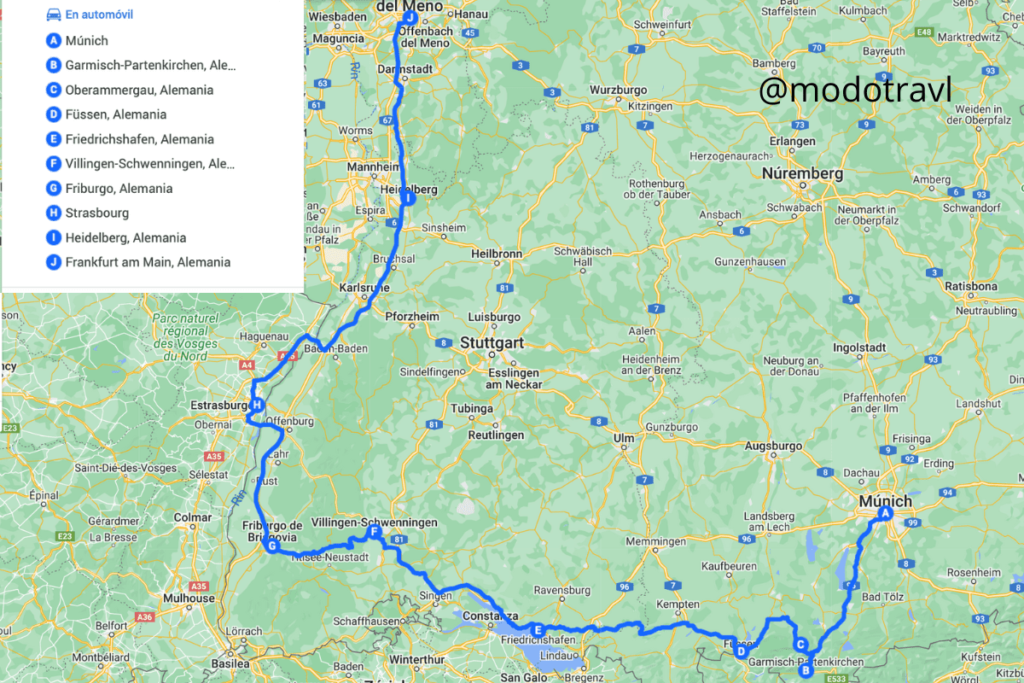 Mapa de la ruta por el sur de Alemania